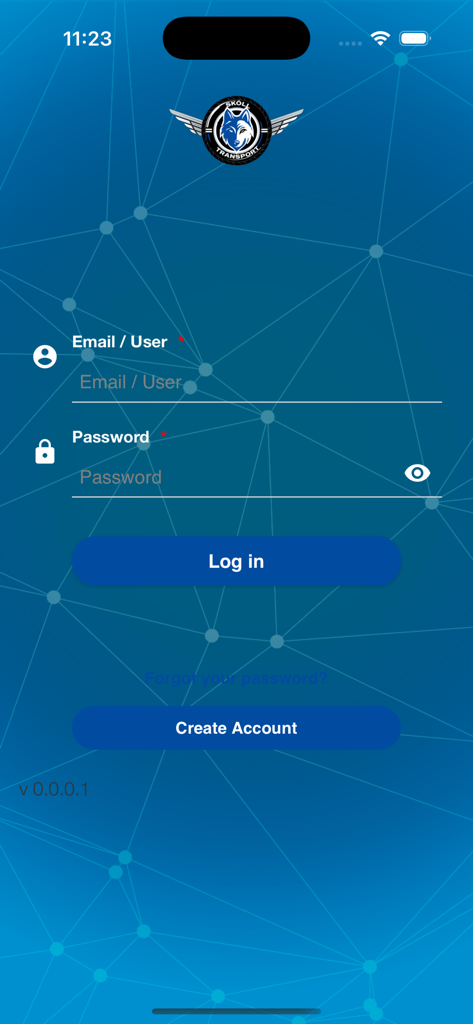 Pantalla de inicio de sesión de la aplicación de transporte Skoll con campos para correo electrónico y contraseña