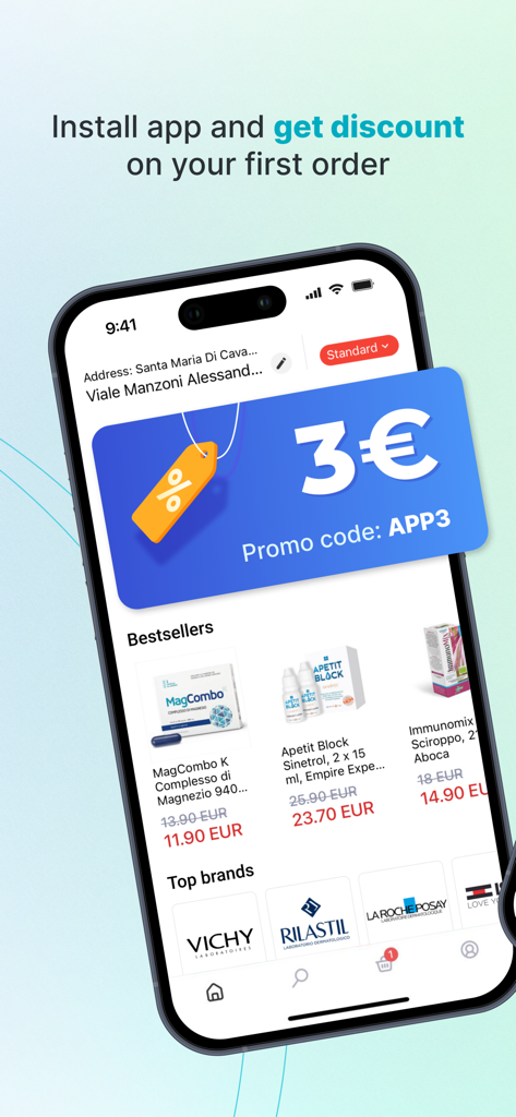 Liki24 — health and beauty - Liki24 app interface showing a three euro first order discount promo code and best selling health products