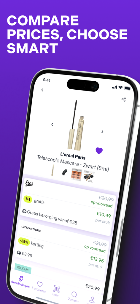 Mart-Club - A smartphone displaying the Mart-Club app comparing prices for a L'Oreal mascara across multiple beauty retailers.