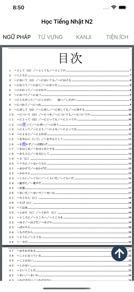 Học Tiếng Nhật N2 - Table of contents for Japanese N2 grammar patterns in a Vietnamese study app