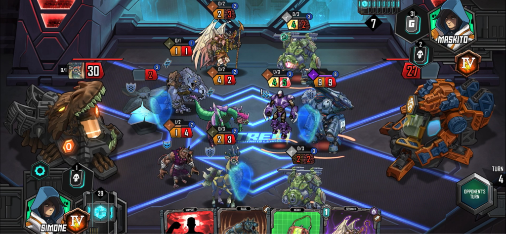 Mutants: Genesis - Gameplay de Mutants Genesis montrant une bataille de cartes stratégique avec des créatures mutantes dans une arène numérique.