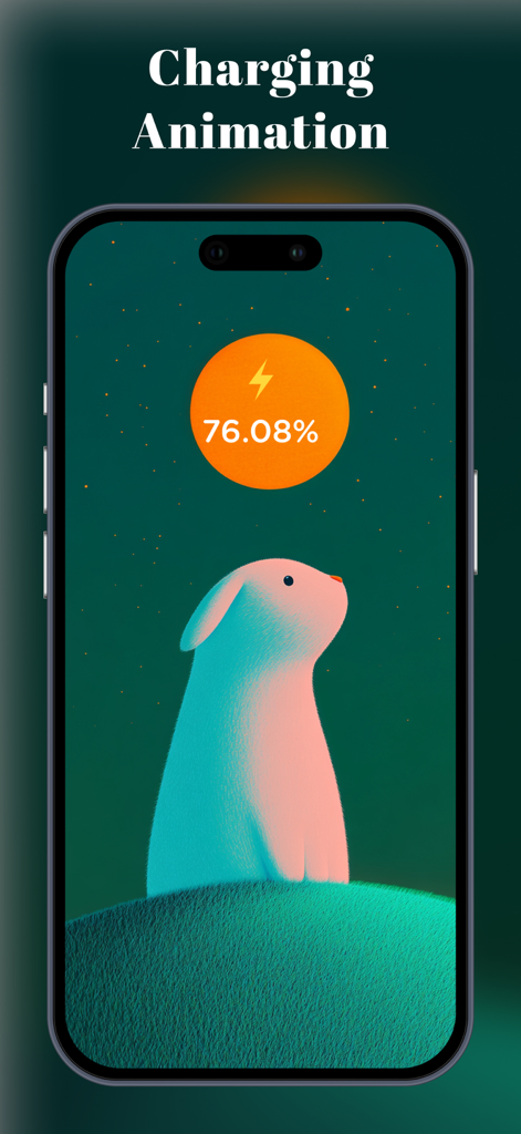 Daily Theme: Aesthetic Widgets - Una pantalla de teléfono que muestra una animación de carga estética con un lindo conejito mirando un widget de porcentaje de batería naranja.