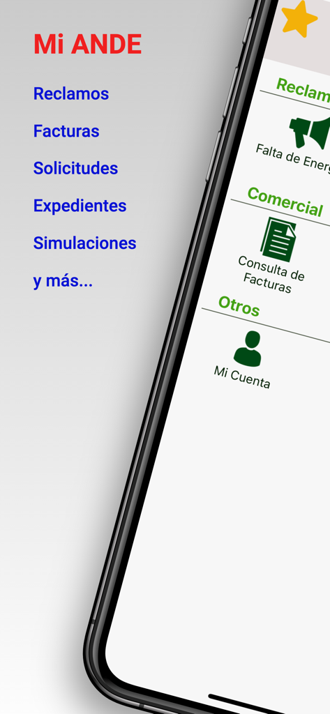 Mi ANDE - Main menu of the Mi ANDE app showing options for billing claims and account management