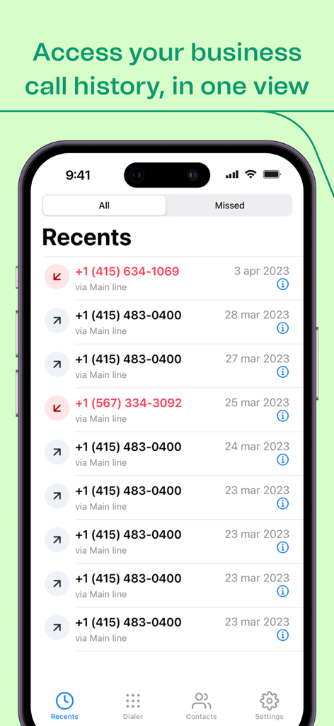 iPhone screen displaying the Brevo Phone app recents tab with a list of business call history and dates