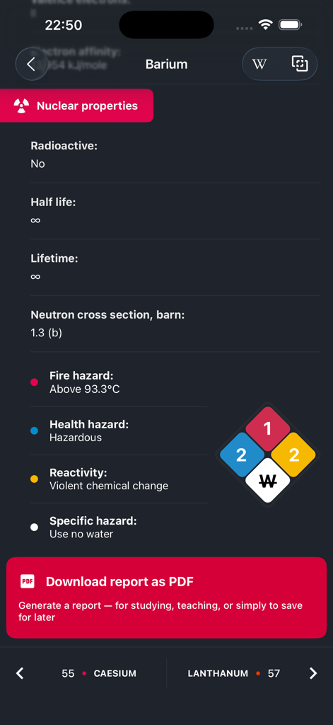 Une capture d'écran de l'application Tableau Périodique montrant les propriétés nucléaires du Baryum et le losange de danger NFPA.