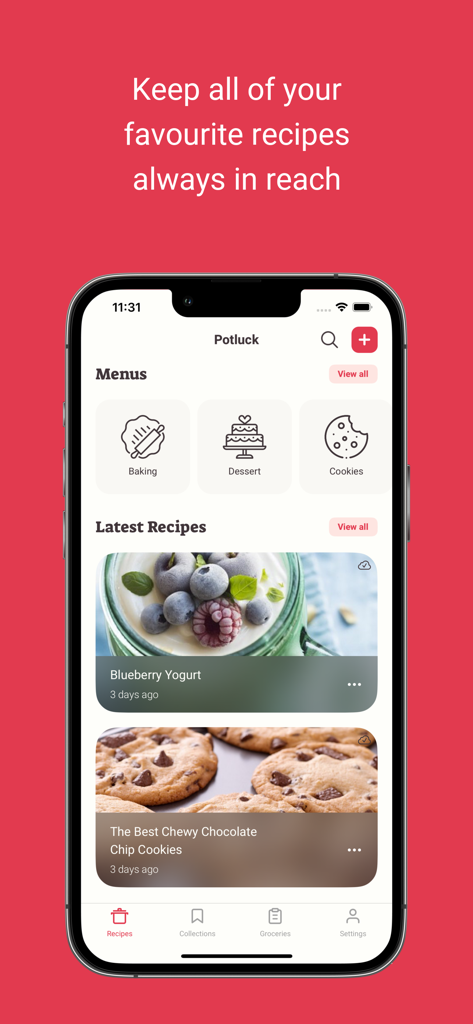 Potluck - Your Recipe Cookbook - Interface of the Potluck recipe app showcasing organized cooking categories and latest recipes