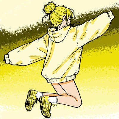 realistic girl jumping with a bun and oversized sweatshirt