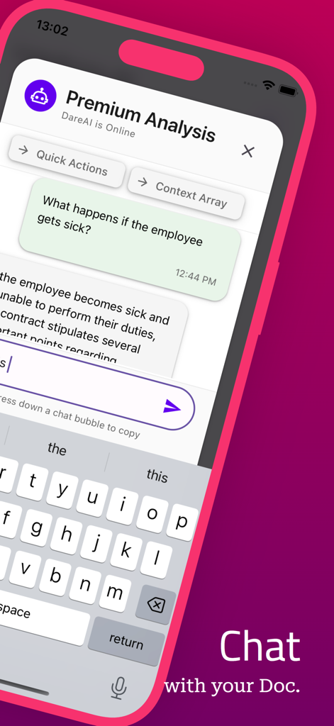 AI Legal Contract Analyzer - Schermata dell'app Legalyzer che mostra un'interfaccia di chat in cui un utente chiede informazioni sul congedo per malattia dei dipendenti in un contratto legale.