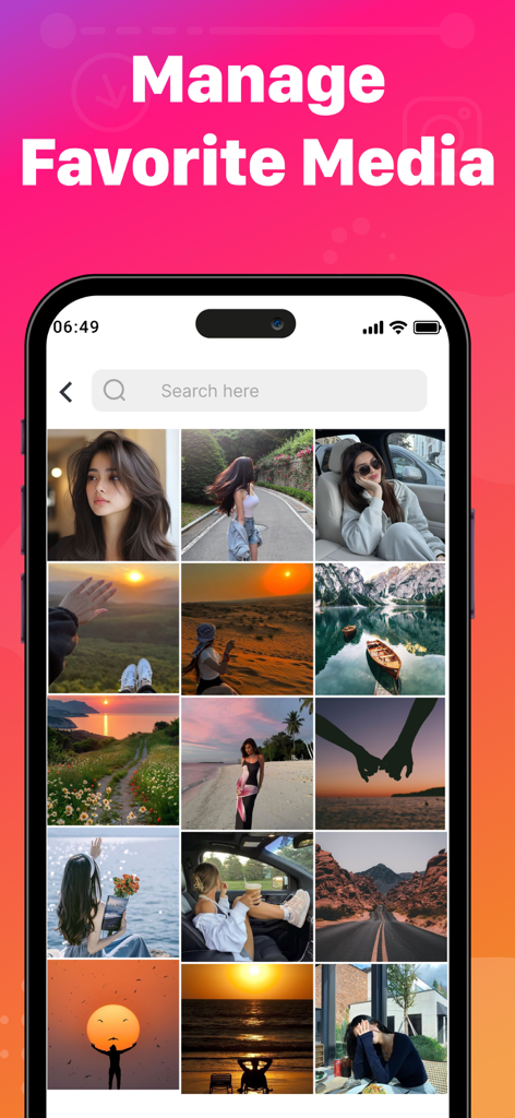 Interface de l'application Instant Saver montrant une galerie de contenu de médias sociaux enregistré