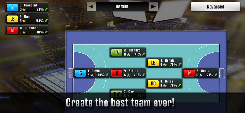 Pantalla de estrategia y formación de equipo de Handball Manager 2019 que muestra jugadores en una cancha digital