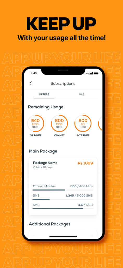 UPTCL- App Up Your Life! - Mobile app interface showing real-time usage monitoring for call minutes and internet data for Ufone and PTCL users.