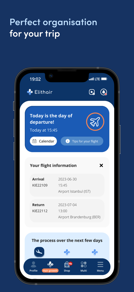 Elithair - Elithair app interface showing trip organization and flight details for a medical tourism journey to Istanbul