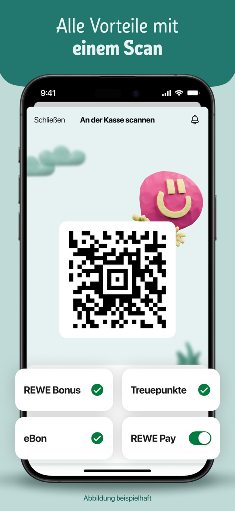 Smartphone screen showing a QR code for the REWE app one-scan checkout featuring loyalty rewards and payment options