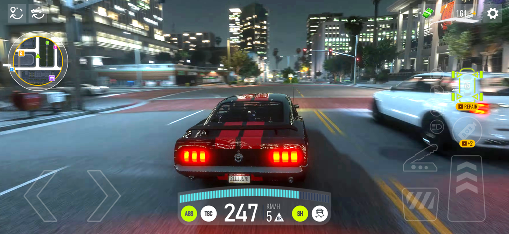 Black muscle car with red stripes racing in a 3D city at night