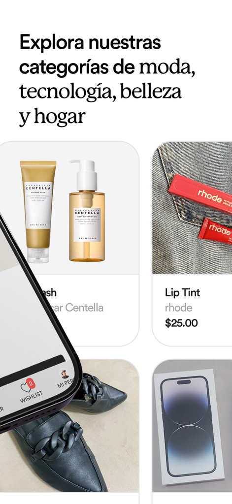 Vitrinnea - Interfaz de la aplicación móvil Vitrinnea que muestra productos de las categorías de moda, belleza y tecnología.