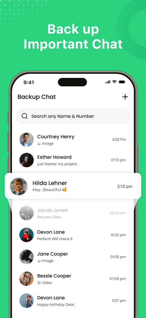 Interfaz de la aplicación WhatisRemoved mostrando una lista de conversaciones de chat respaldadas con previsualizaciones de mensajes