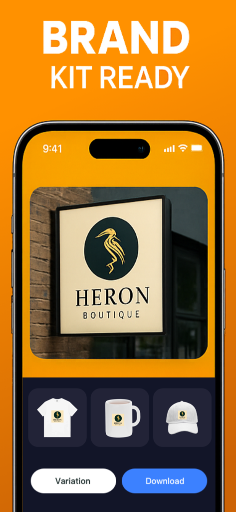 Logo Maker: AI Design Lab - Logo Maker app screen showing a brand kit with logo mockups on a boutique sign, t-shirt, mug, and hat