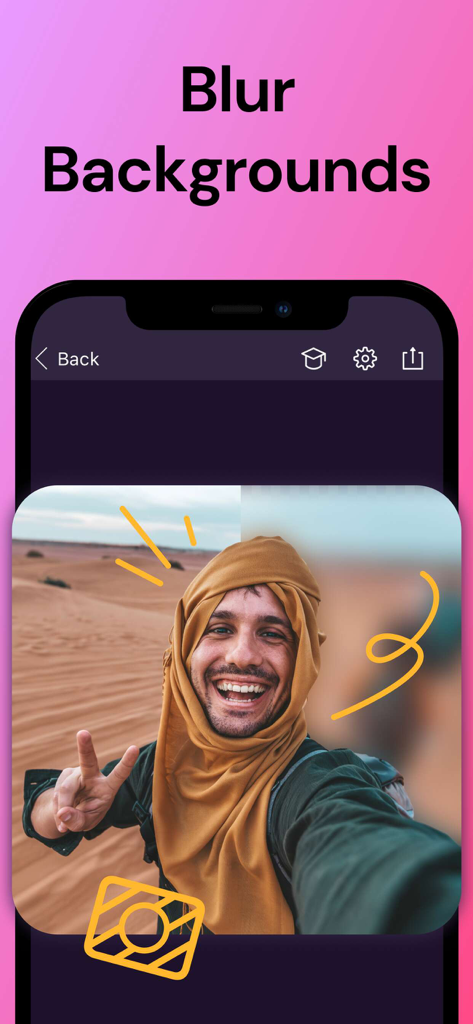 A mobile app screenshot demonstrating the blur background feature on a selfie in the desert.