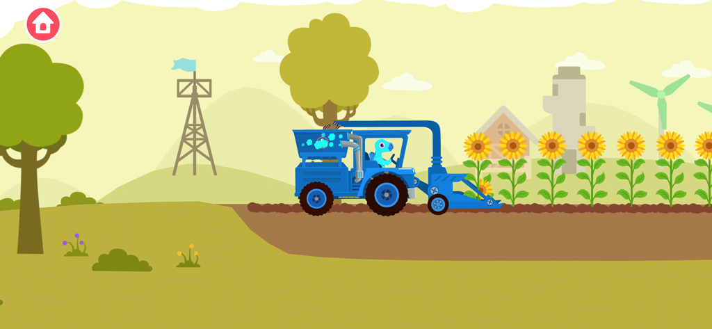 Ein blauer Dinosaurier fährt einen Traktor durch ein Sonnenblumenfeld in einer Cartoon-Farm.