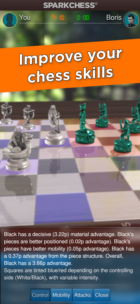 SparkChess Pro - SparkChess Pro gameplay showing a 3D fantasy chess set and virtual coach analysis.
