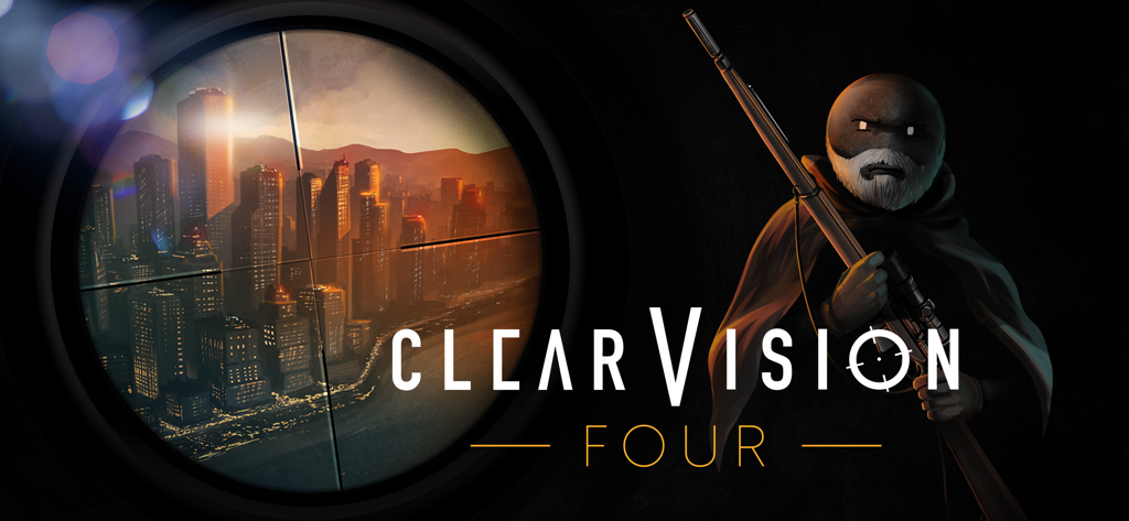 Clear Vision 4 game title screen featuring a stick figure assassin and a sniper scope view of a city