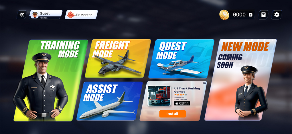 Real Flight Simulator - Main menu of Real Flight Simulator 3D showing different game modes including Training, Freight, Quest, and Assist Mode.
