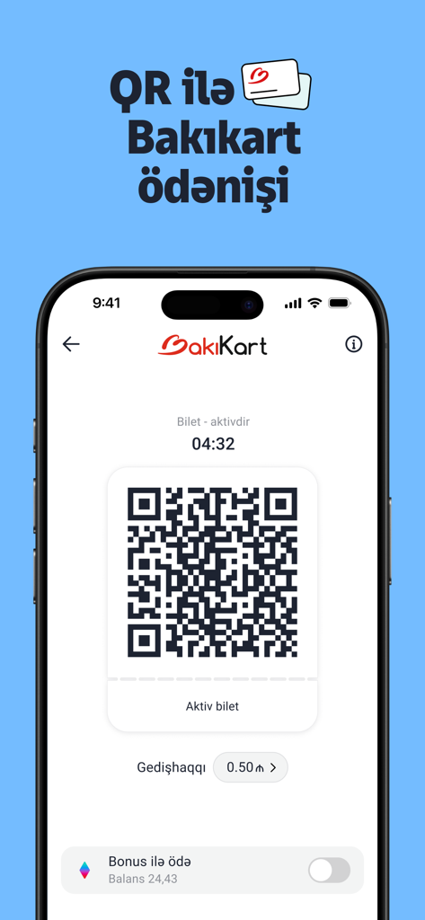 Interfaz de la billetera digital m10 que muestra un código QR de BakiKart para pagos de transporte público