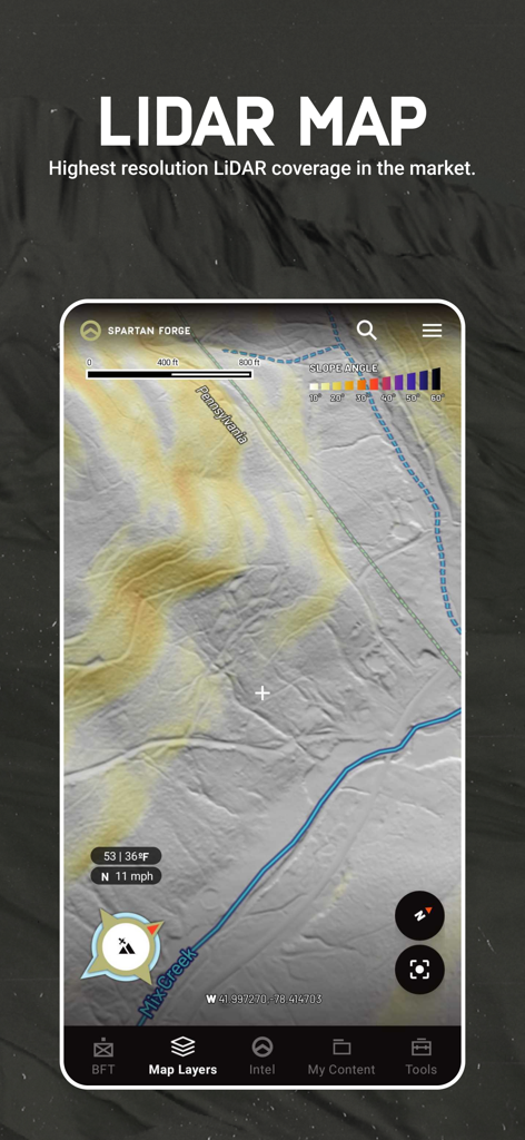 High resolution LiDAR map in the Spartan Forge hunting app showing detailed terrain features and slope angles
