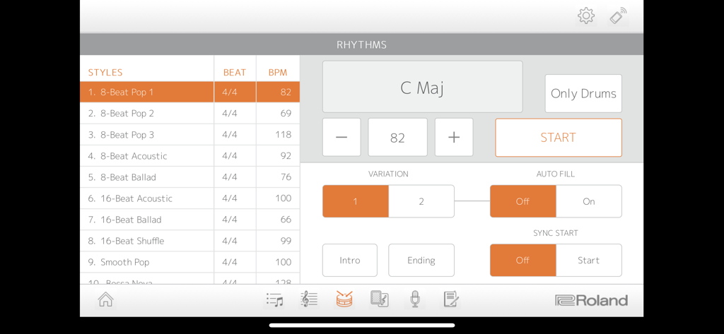 The Rhythms screen of the Piano Partner 2 app showing various music styles like 8-Beat Pop and settings for chord accompaniment and BPM.