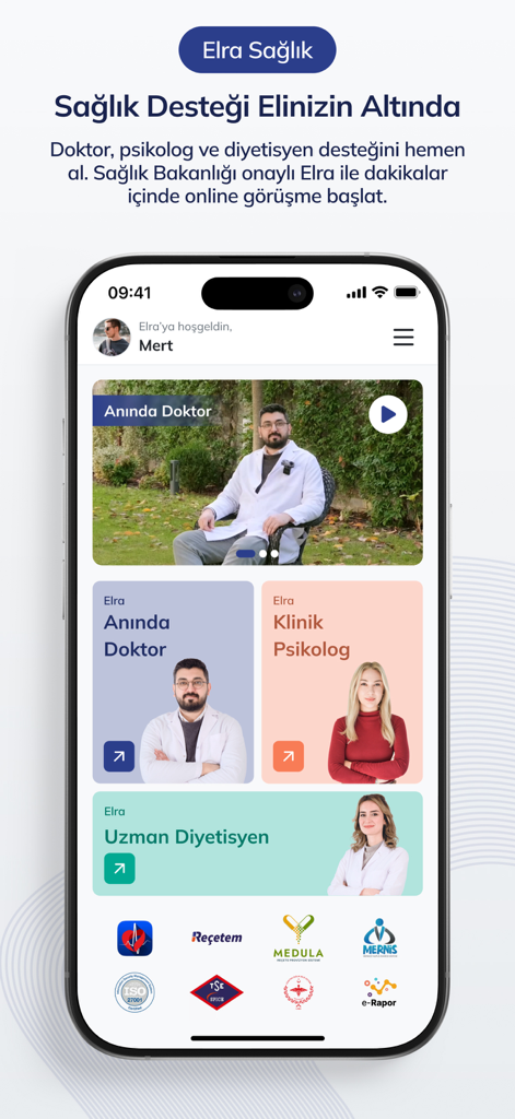 Elra: Sağlık Olsun - Panel de la aplicación móvil Elra Saglik para consultas en línea con médicos y especialistas