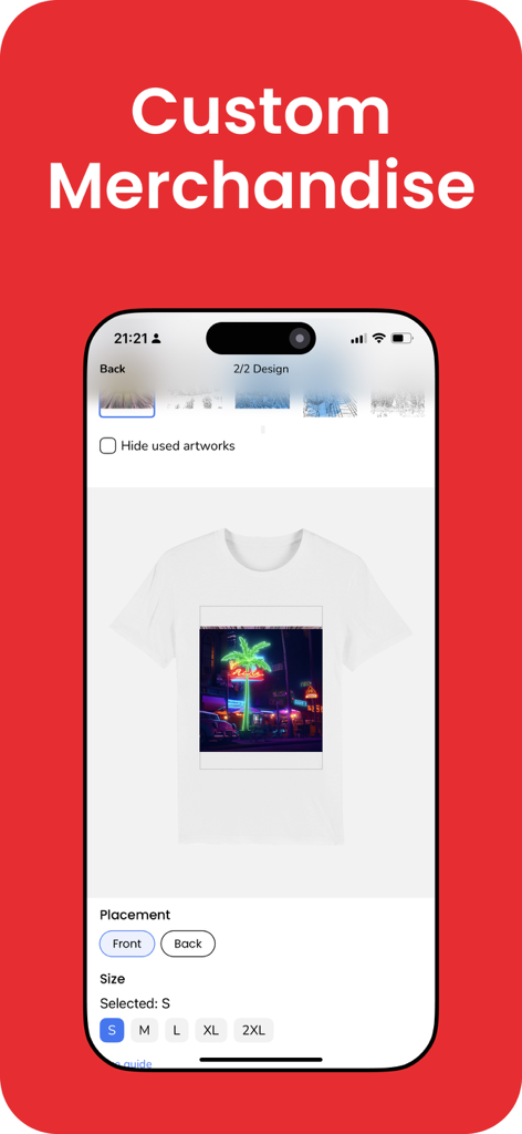 Interfaccia per la creazione di merchandising personalizzato come magliette con grafica personalizzata all'interno dell'app Colorscape