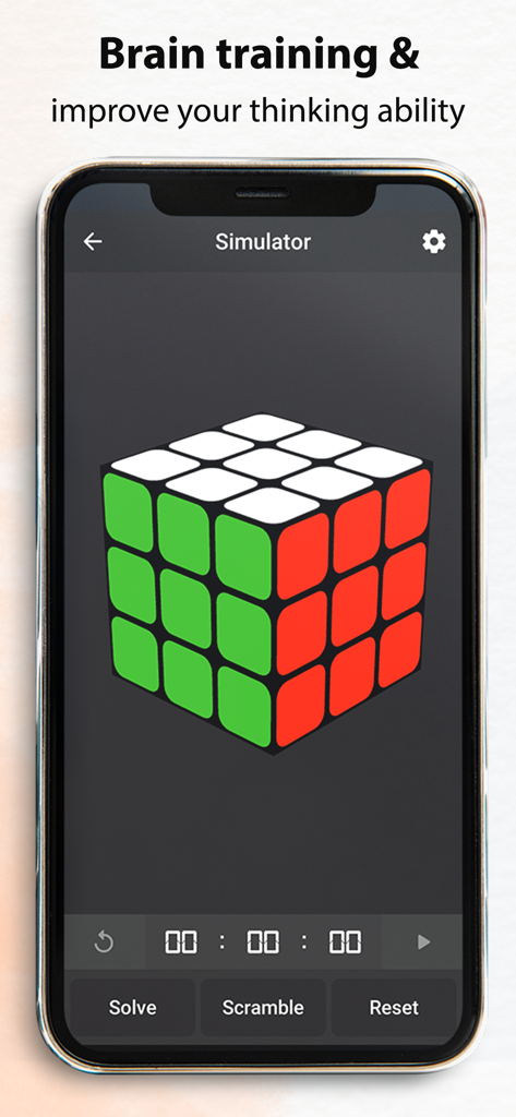 Mobile app interface showing a 3D virtual cube simulator with a timer and solve buttons