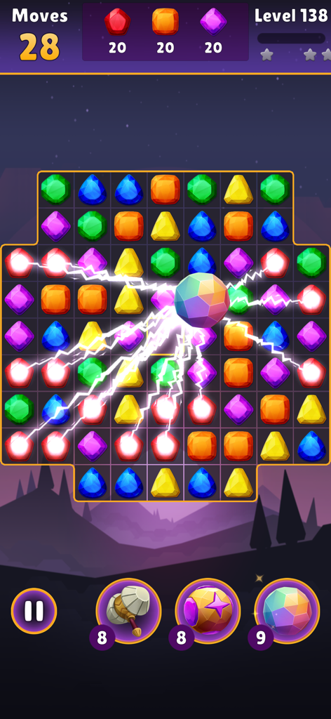 Jewel Quest - Magic Match3 - Jewel Quest Magic Match3 gameplay showing a rainbow mega magic jewel clearing gems with lightning