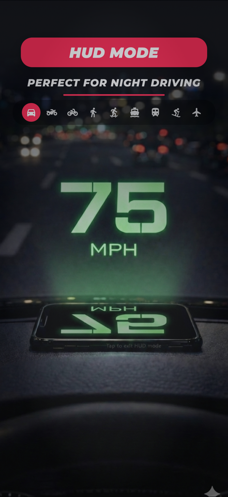 Speedometer MPH - 車のフロントガラスに投影されたGPSスピードメーターHUDモードを表示するiPhone、夜間走行用
