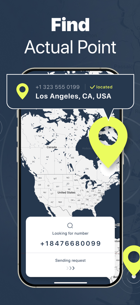 Geo Locator: Phone Tracking - Interfaz de smartphone que muestra un mapa con un pin de ubicación en Los Ángeles y un estado que indica que se ha localizado un número de teléfono