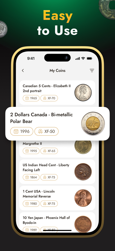 Coin Identifier: Value Checker - A mobile app interface displaying a list of identified world coins with their year and condition grade.