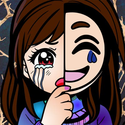 a girl where you can see half her face and is crying and on the other side of her face she is holding a mask with a smile