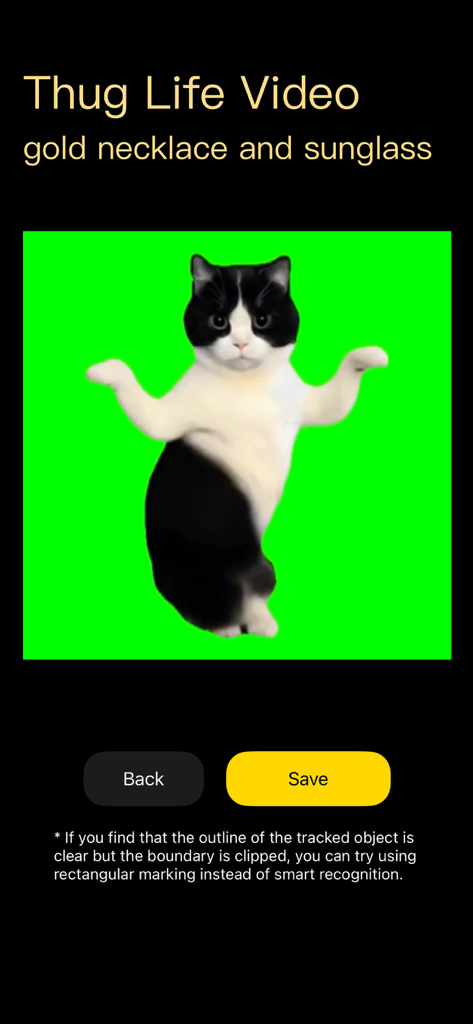 Baotu - Thug Life Video Maker - Baotu app interface showing a funny cat cutout on a green screen for meme video editing