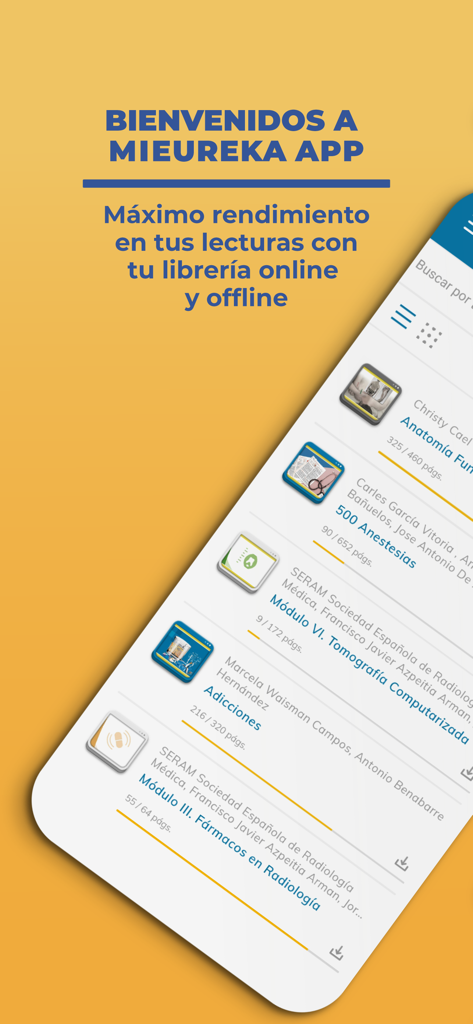 Welcome screen for Mi Eureka app showing a list of medical ebooks