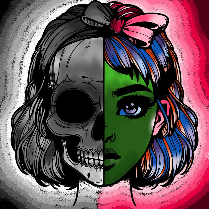 realistic girl with half skull mask