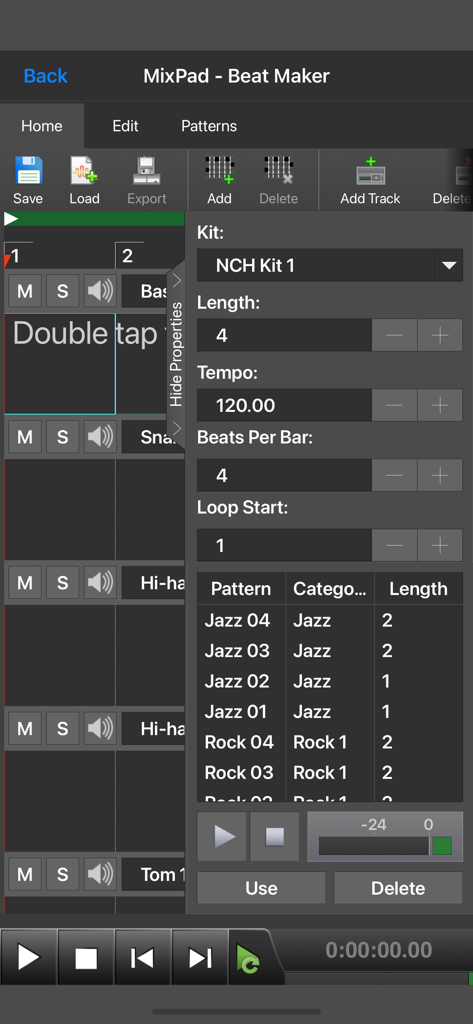 MixPad Master's Edition - MixPad Master's Edition beat maker tool showing drum kit settings and a list of music patterns