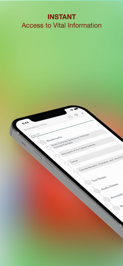 Nursing Essentials mobile app interface with bookmarks and clinical notes for healthcare professionals