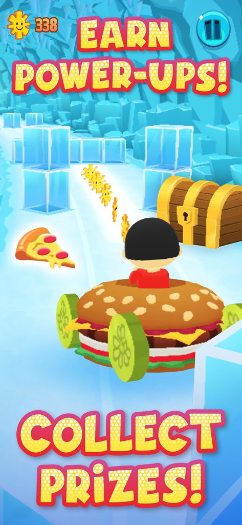 Tag with Ryan - Ryan riding a hamburger vehicle in the Tag with Ryan endless runner game collecting prizes