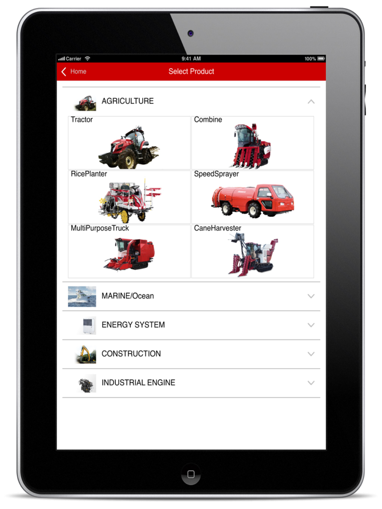 Product selection menu in the SA-Direct app showing Yanmar agricultural machinery categories on an iPad.