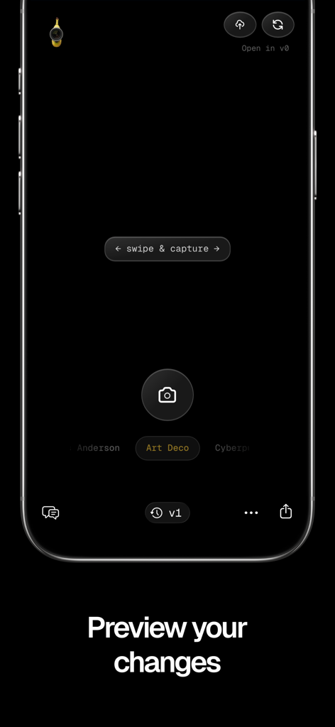 Interfaccia dell'app mobile Vercel v0 che mostra una schermata di cattura per visualizzare in anteprima le modifiche.