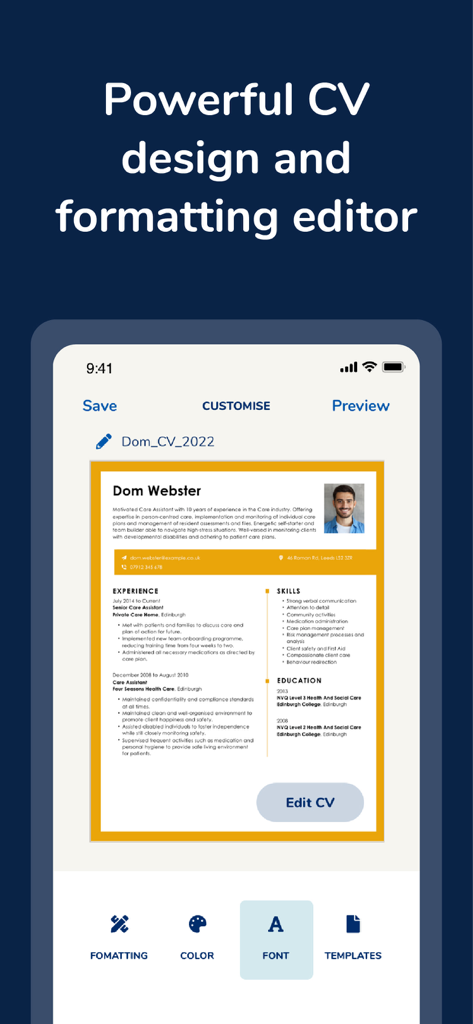 Una pantalla de smartphone que muestra la interfaz del editor de MyPerfectCV con opciones para personalizar el color de fuente y el formato del currículum.