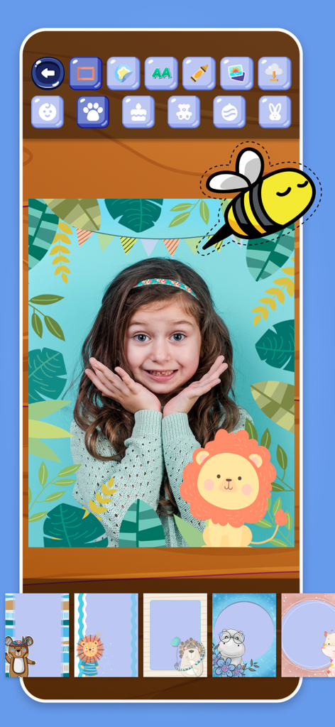 Children's Photo Frames - Mobile app interface showing a photo of a young girl decorated with a cartoon bee and lion stickers