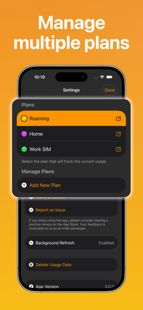 Didget: Data Usage Widget - Screen showing the Didget app interface for managing multiple data plans including Roaming, Home, and Work SIM options.
