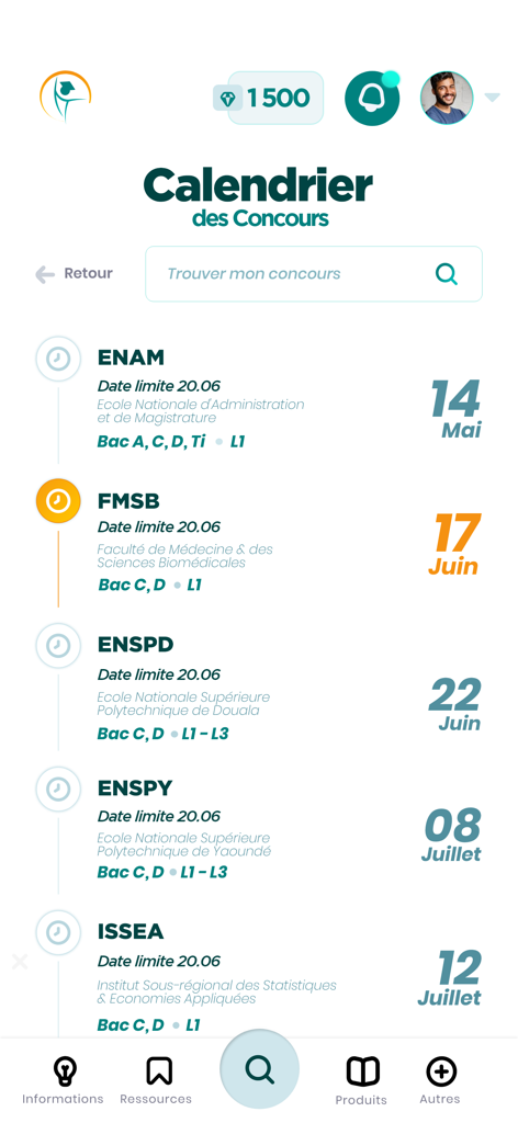 Assiste Moi - Assiste Moi app interface showing a calendar of competitive exam dates and deadlines in Cameroon