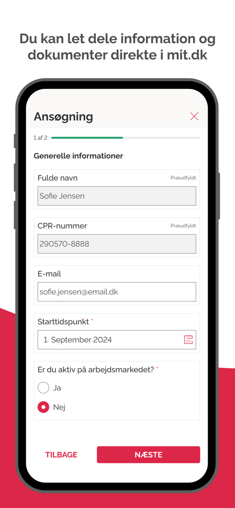 A digital application form screen in the mit.dk app for entering personal information